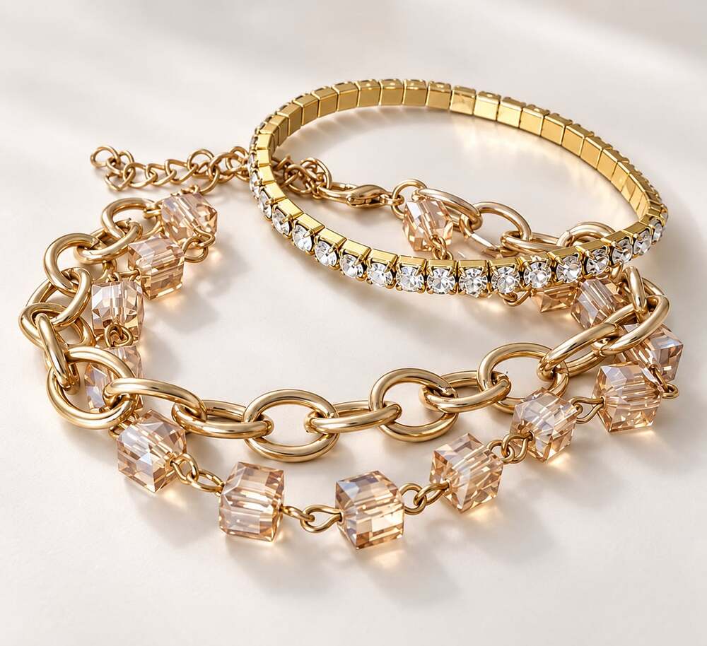 Gold Tone Crystal Tennis Chain Bracelet Set of 3